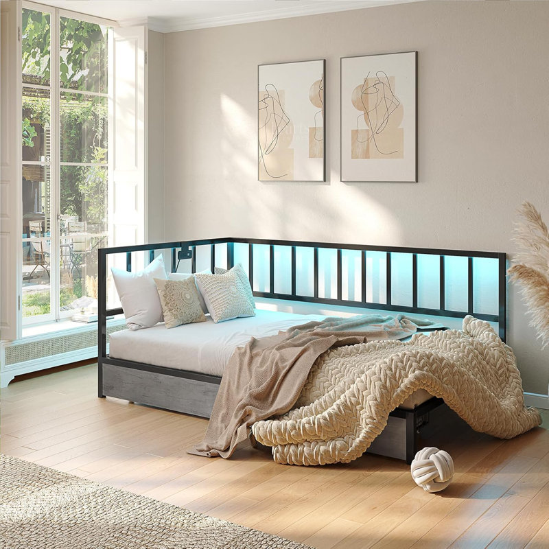 Wrought Studio Bed Frame With Led Lights And 2 Storage Drawers Metal Corner Platform Bed Frame With Charging Station Modern Daybed Frame For Living Room Bedroom And Guest Room Black gray Wayfair